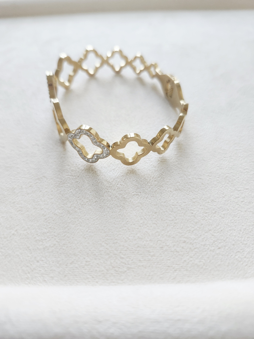 Gold Tone Open Clover Bangle Bracelet Crystal Pave Accents Hinged - Picture 2 of 5